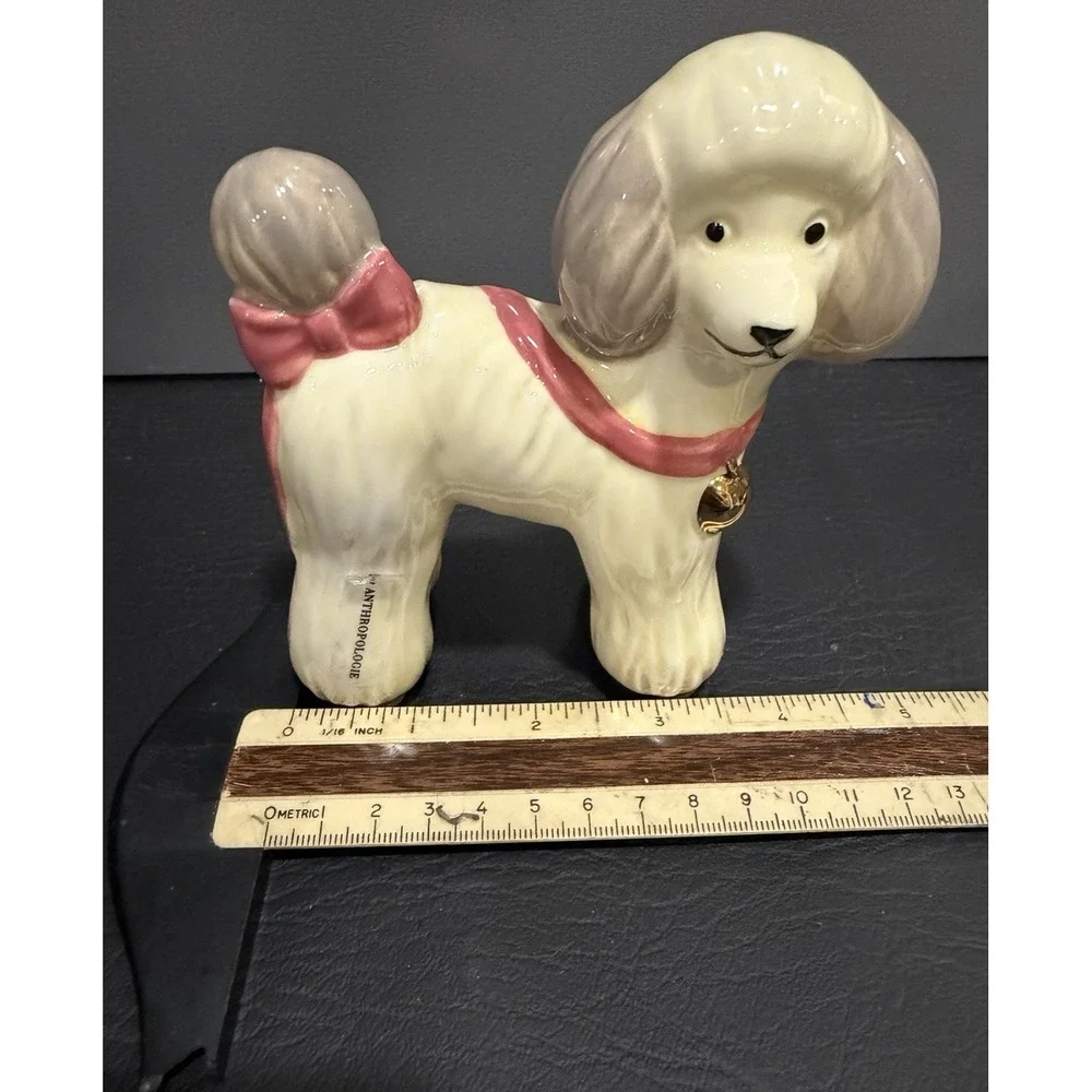Anthropologie Ceramic Cream Poodle Dog Figurine Pink Bow Japan Novelty Decor